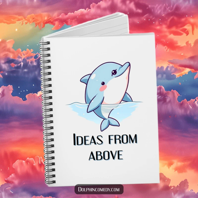 Funny notebook cover displaying a curious dolphin peeking upwards, great for capturing notes and imaginative ideas.