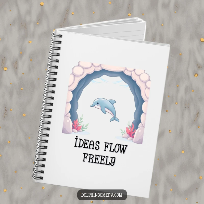 Funny Dolphin Notebook with a sleek dolphin swimming through an underwater archway, perfect for jotting aquatic ideas.