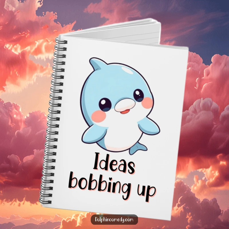 Funny curious dolphin notebook, head bobbing inquisitively, perfect for notes and sketches, humorous office gift.