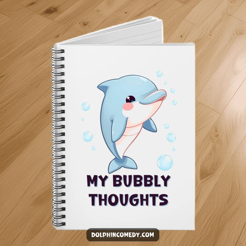 Funny dolphin notebook cover with a playful dolphin with a curious gaze chasing effervescent bubbles, ready for your notes.