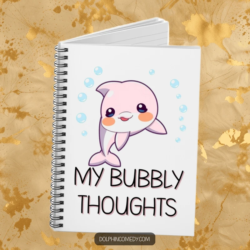 Funny dolphin blowing a perfect ring of bubbles underwater, a humorous notebook for jotting down creative ideas and playful thoughts.