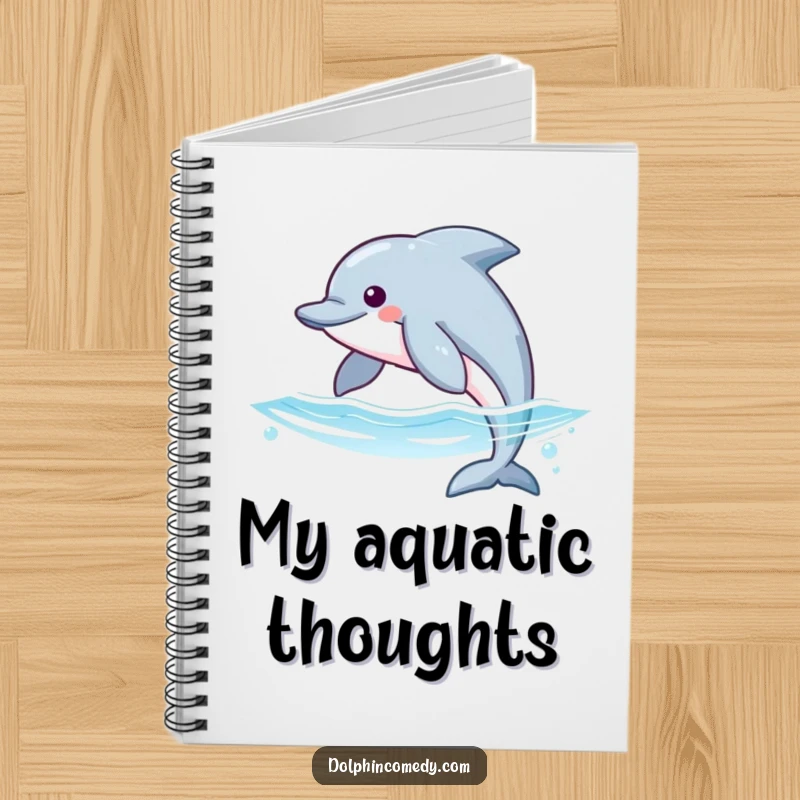 Funny notebook with a cover depicting a dolphin with streamlined fins gliding through the water, perfect for jotting down thoughts.