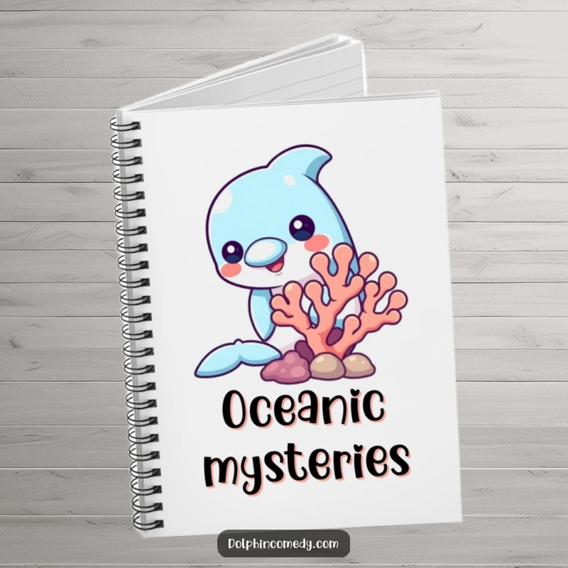 Funny notebook cover with a dolphin curiously peeking from behind coral, ideal for journaling and creative writing about the ocean.
