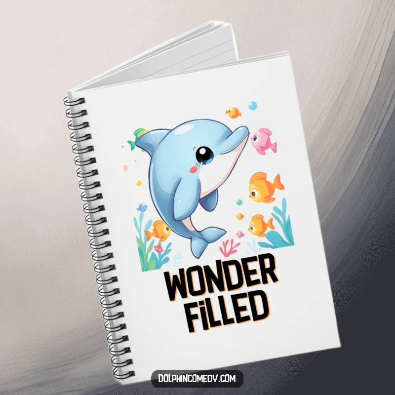 Funny Dolphin Notebook featuring a curious dolphin with wide eyes watching fish, ideal for writing with humorous wonder and marine inspiration.