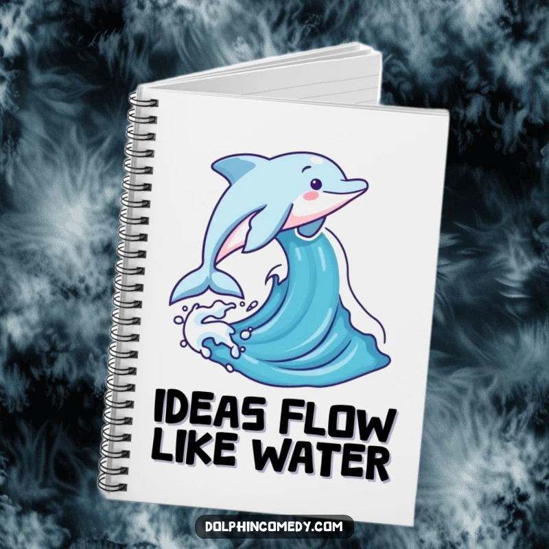 Funny dolphin leaping joyfully out of a stylized ocean wave, featured on a notebook cover for writing and creativity.