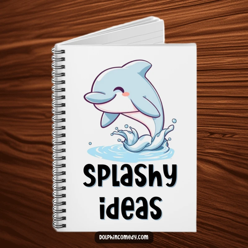 Funny Dolphin Notebook with a design of a smiling dolphin leaping from the water, for your notes.