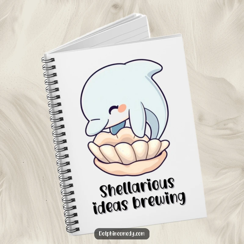 Funny Dolphin Notebook: Dolphin nudging a seashell, ideal for capturing thoughts with a touch of marine humor.