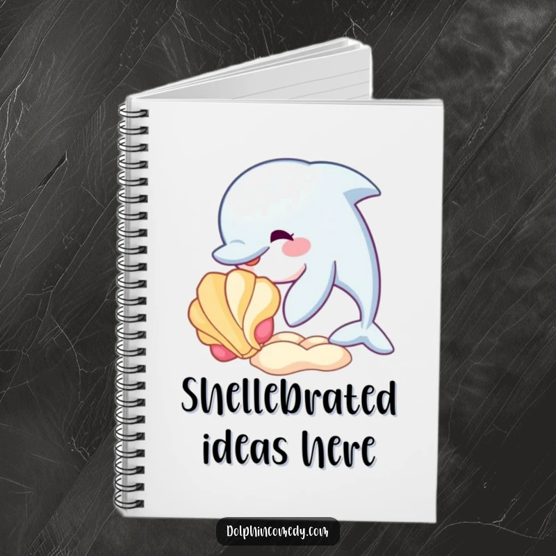 Funny notebook adorned with a dolphin playfully nudging a seashell, perfect for journaling seaside adventures and thoughts.