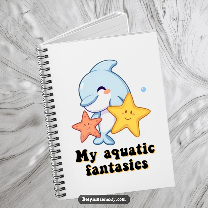 A happy cartoon dolphin playing with a starfish, ready to jot down notes, on a humorous notebook.