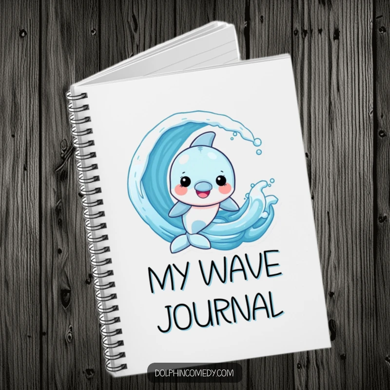 Funny Dolphin Notebook showing a cheerful dolphin playing with a playful wave, inspiring creative note-taking.
