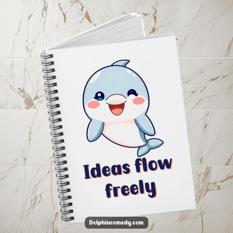 Funny Notebook with a friendly dolphin character and a wide, welcoming smile on the cover, ideal for writing and drawing, a fun funny gift.