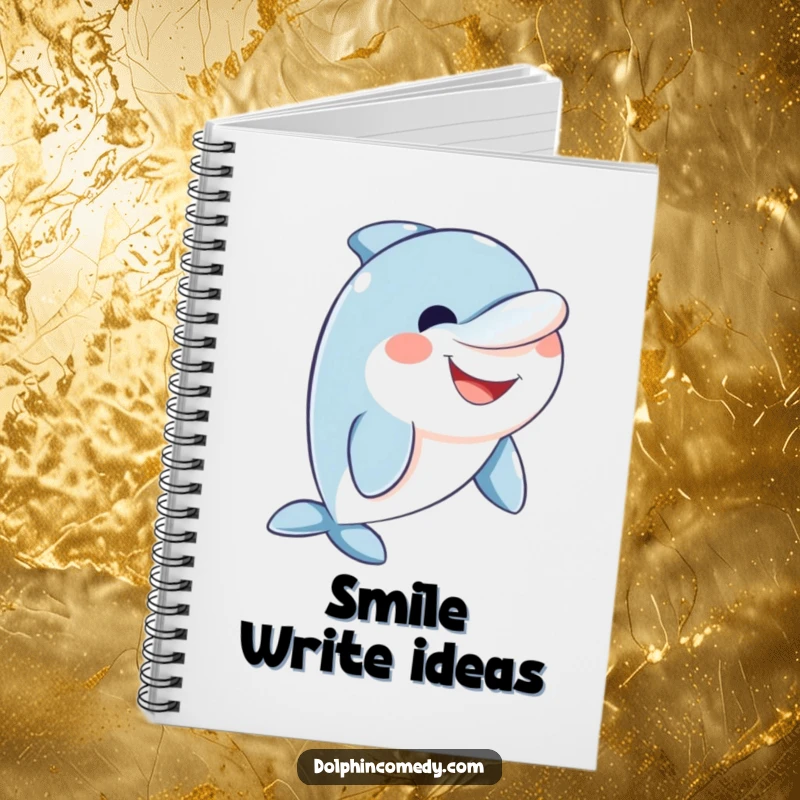 Funny friendly dolphin notebook featuring a dolphin with a wide, welcoming smile, ideal for notes.