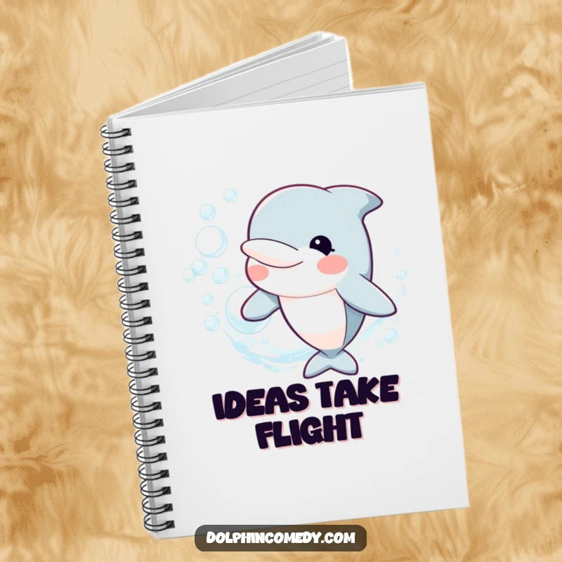 Funny Notebook cover featuring a happy dolphin blowing a ring of bubbles, ideal for writing, drawing, and note-taking, a fun funny gift.