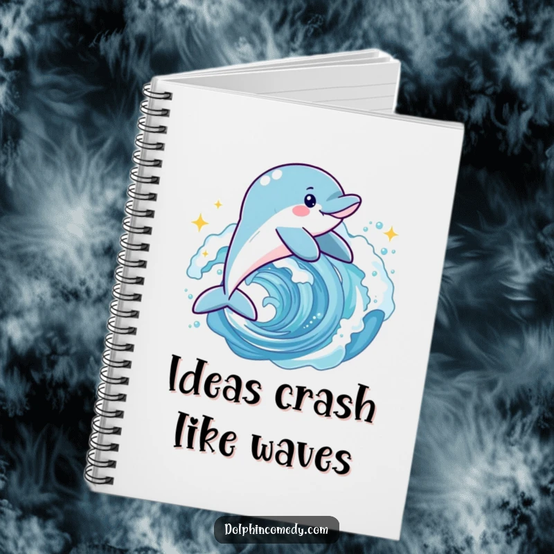 Funny joyful dolphin notebook featuring a happy dolphin leaping through a sparkling wave, ideal for notes.