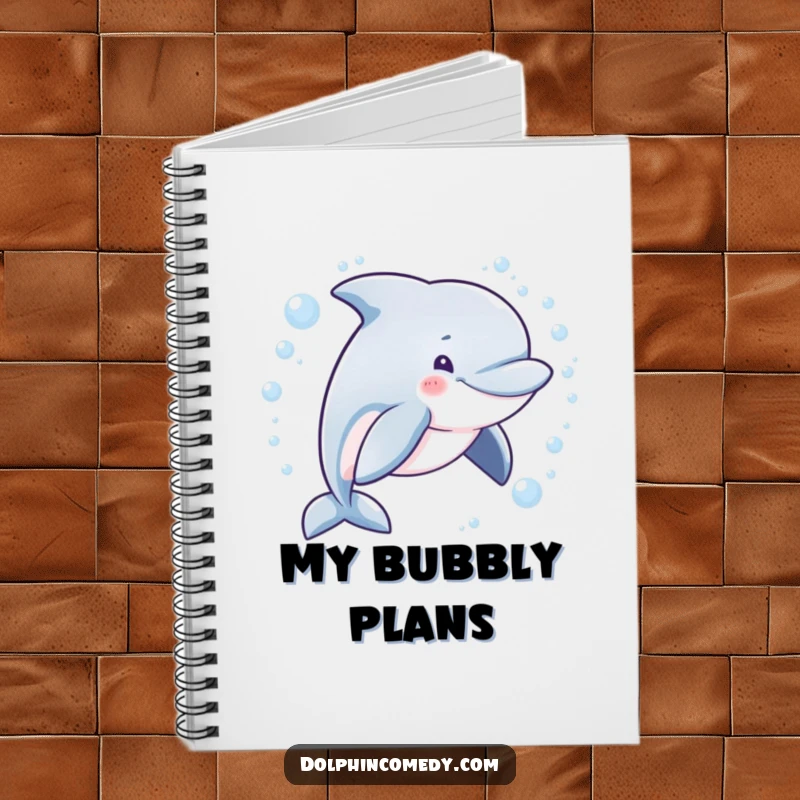 Funny spiral notebook featuring a mischievous dolphin swimming in a bubbly circle, perfect for notes and doodles.
