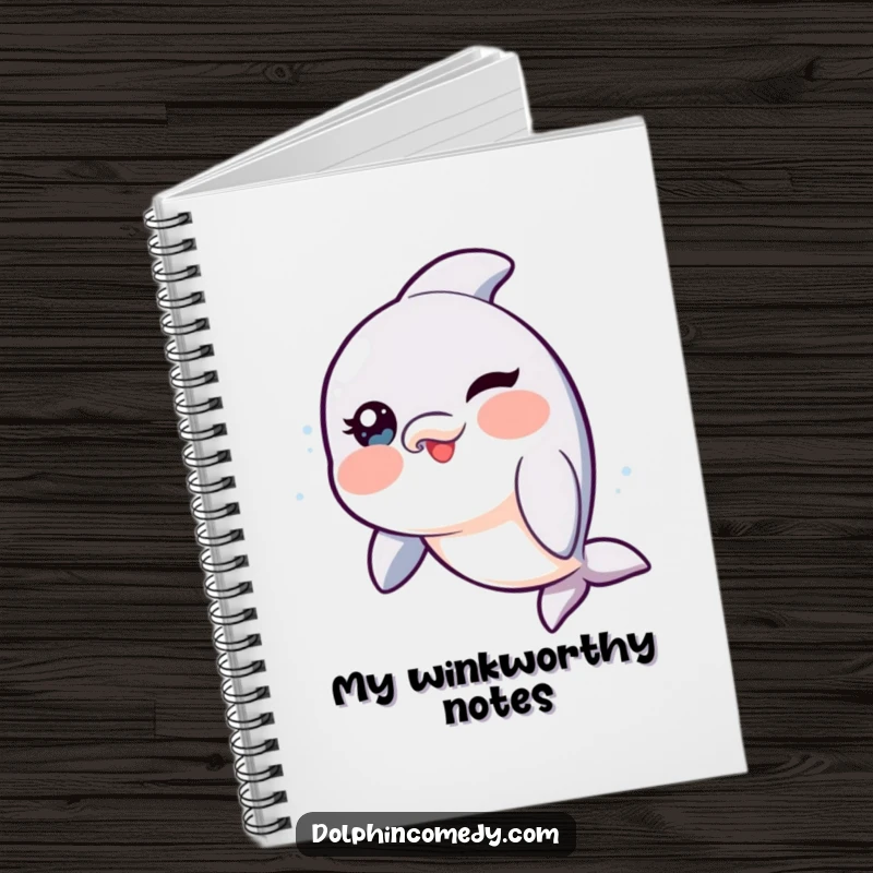 Funny Dolphin Notebook with rosy cheeks, playfully winking, ideal for jotting notes with a touch of humor.