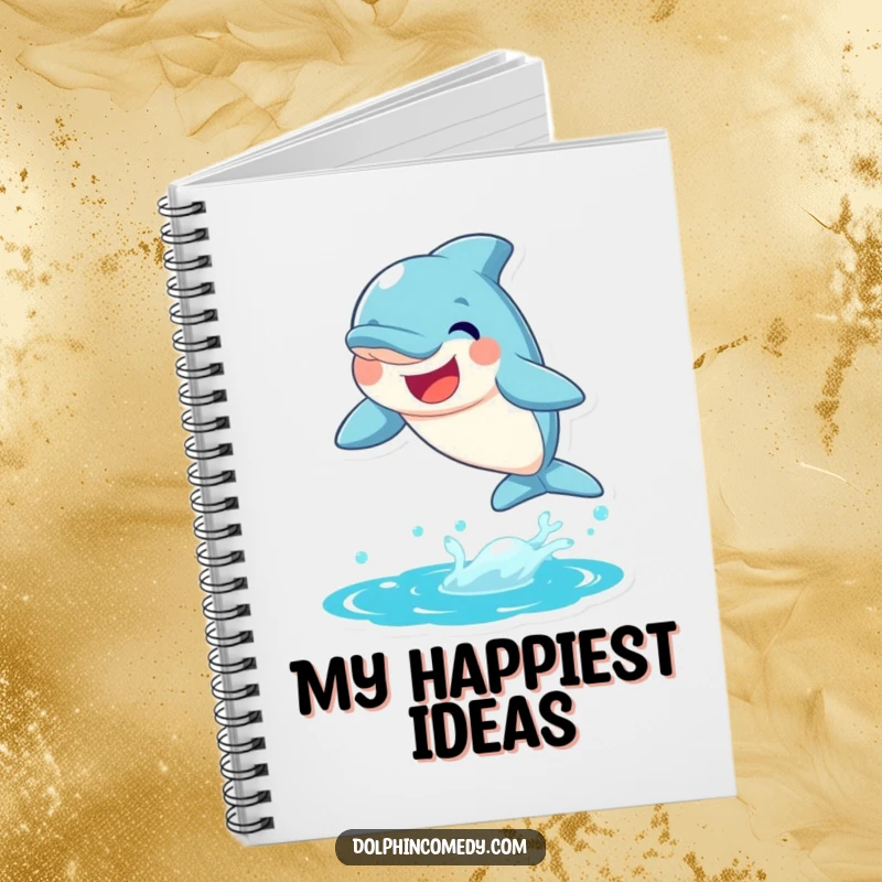 Funny Dolphin Notebook with a joyful dolphin leaping from water with a big smile, perfect for journaling.