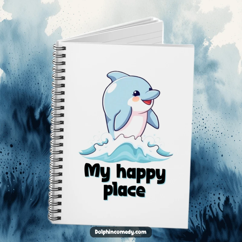 Funny notebook cover featuring a dolphin with a joyful expression breaching from the sea, perfect for capturing happy thoughts.