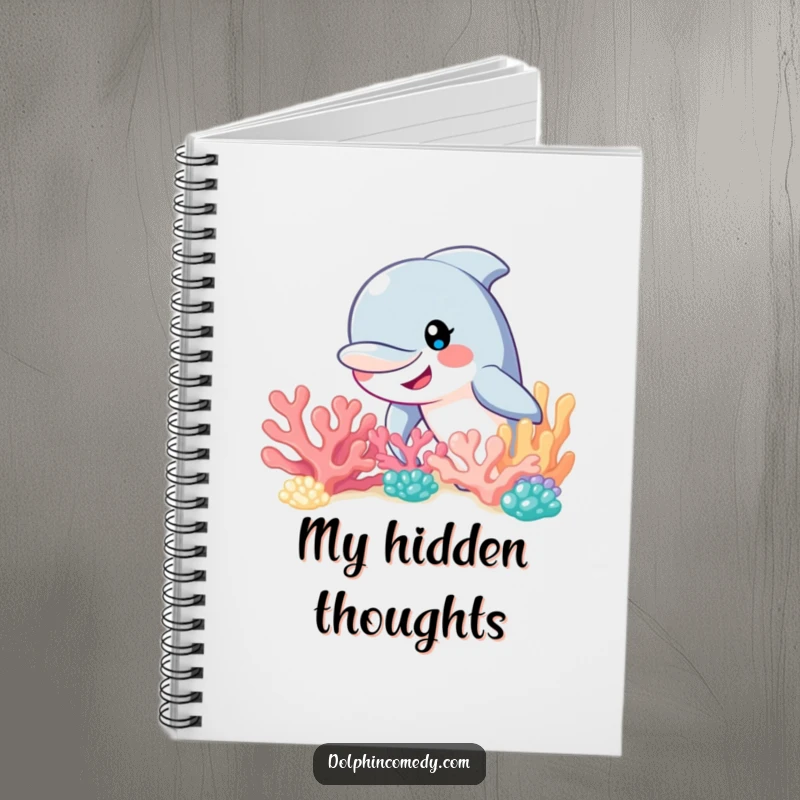 Funny dolphin with a curious smile peeking from a coral reef, a humorous notebook for jotting down ideas and discoveries.