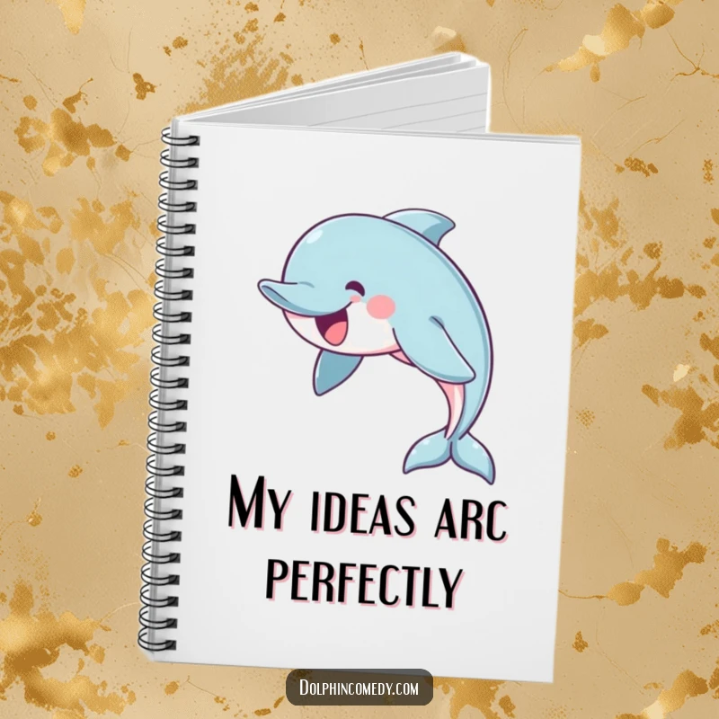 Funny notebook cover displaying a cheerful dolphin swimming in a graceful arc, perfect for journaling and planning.