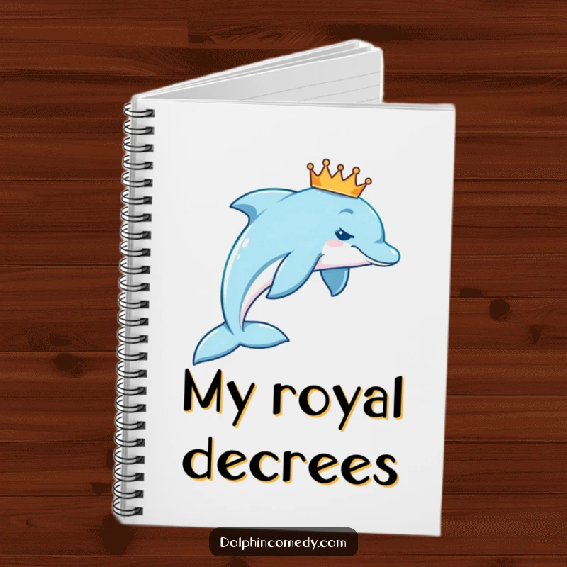 Funny royal dolphin crown notebook featuring a dolphin wearing a tiny crown, swimming in an arc, ready for your notes.