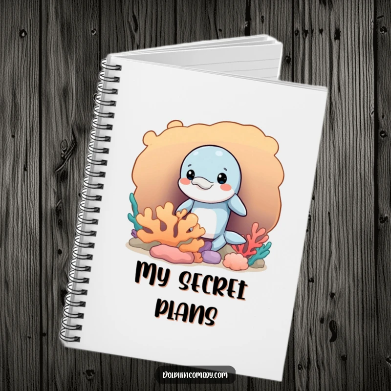 Funny notebook featuring a mischievous dolphin peeking from a coral background, perfect for jotting down playful notes.