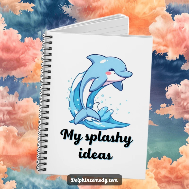 Funny dolphin leaping energetically from a sparkling wave, a humorous notebook for capturing creative thoughts and inspired ideas.