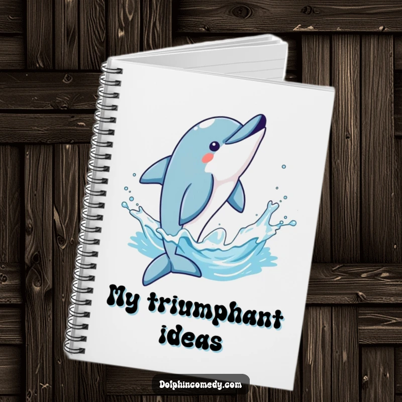 Funny spiral notebook featuring a dolphin doing a triumphant flip and splashing water, great for notes and to-do lists.