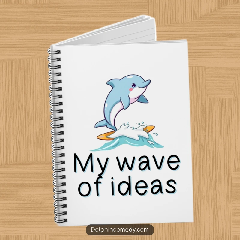 Funny Dolphin Notebook with a dolphin joyfully surfing on a small, friendly wave, ideal for journaling beach adventures.