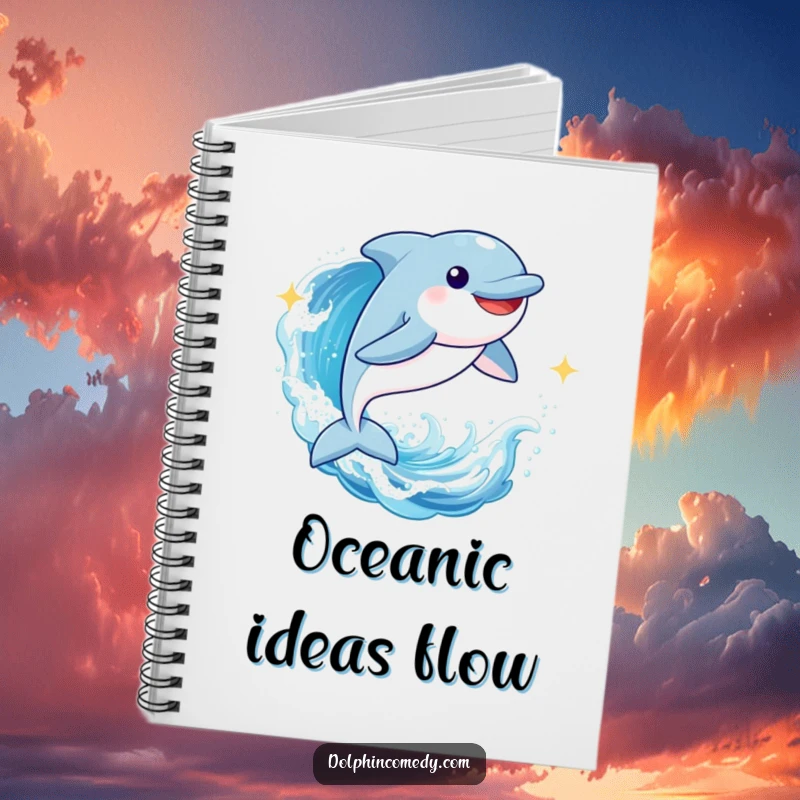Funny Dolphin Notebook: A joyful dolphin leaping through a sparkling wave, designed for jotting down inspiring thoughts humorously.