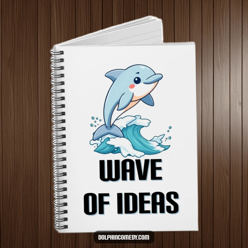 Funny Notebook: A dolphin rides a wave with excitement, providing a humorous and inspiring cover for your notes.