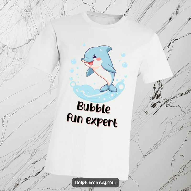 Funny dolphin t-shirt, smiling and leaping through a shimmering ring of bubbles, showcasing hilarious aquatic freedom, ideal funny gift.