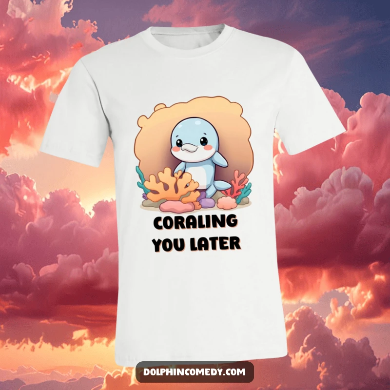 Funny t-shirt with a mischievous dolphin peeking slyly from behind a detailed coral formation, conveying playful intent.
