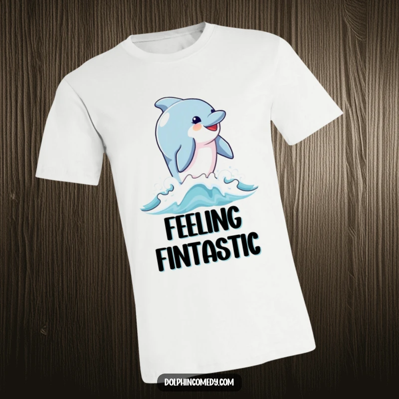 Funny t-shirt featuring a dolphin with a beaming, happy expression breaching high above sparkling ocean waves, radiating pure excitement.