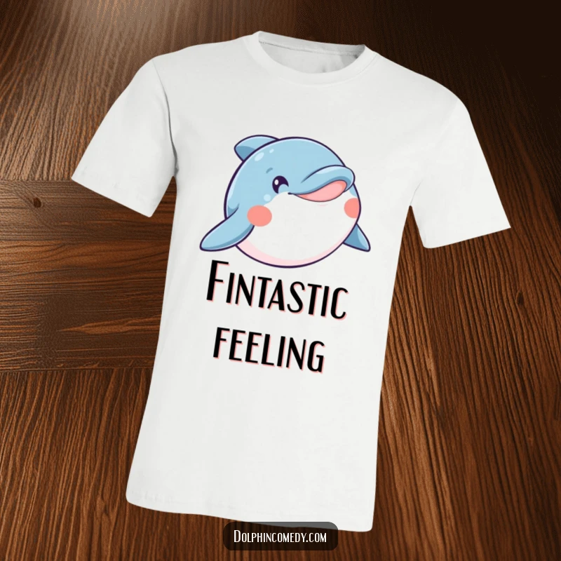 Funny t-shirt depicting a happy dolphin with a wide, open smile, embodying oceanic cheerfulness and playful energy.