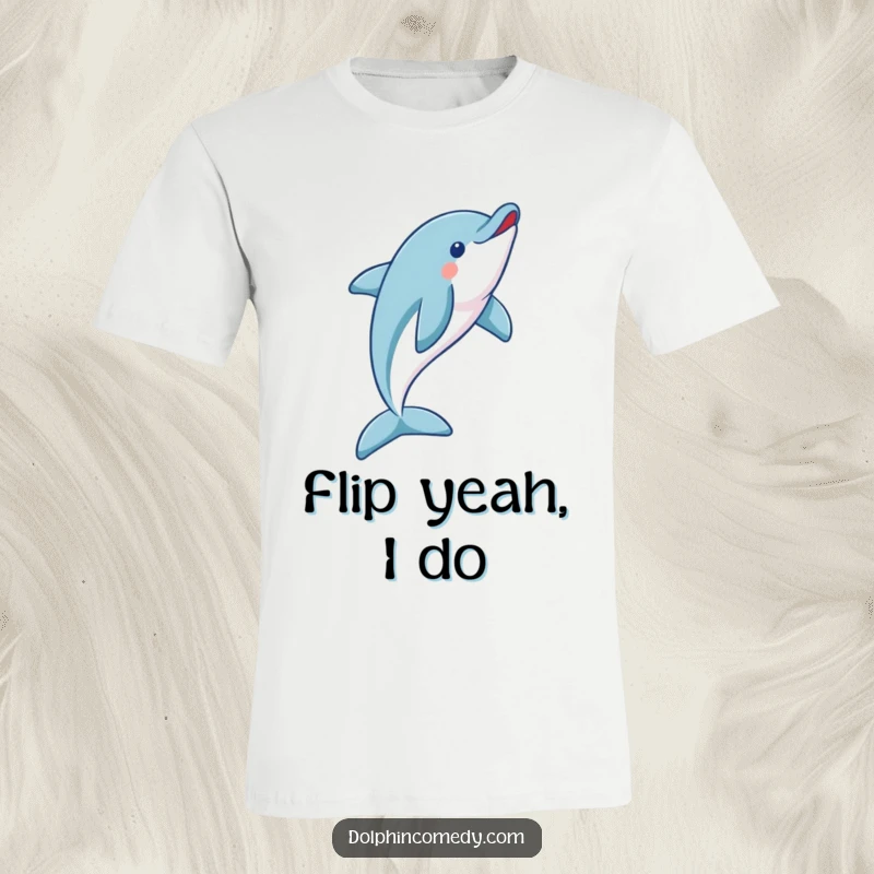 Funny dolphin t-shirt with a playful dolphin captured mid-flip, conveying energy and aquatic joy.