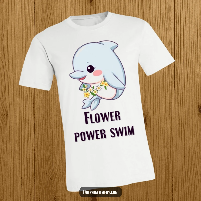 Funny t-shirt depicting a happy dolphin swimming peacefully, adorned with a colorful flower garland, perfect for sea and flower enthusiasts.