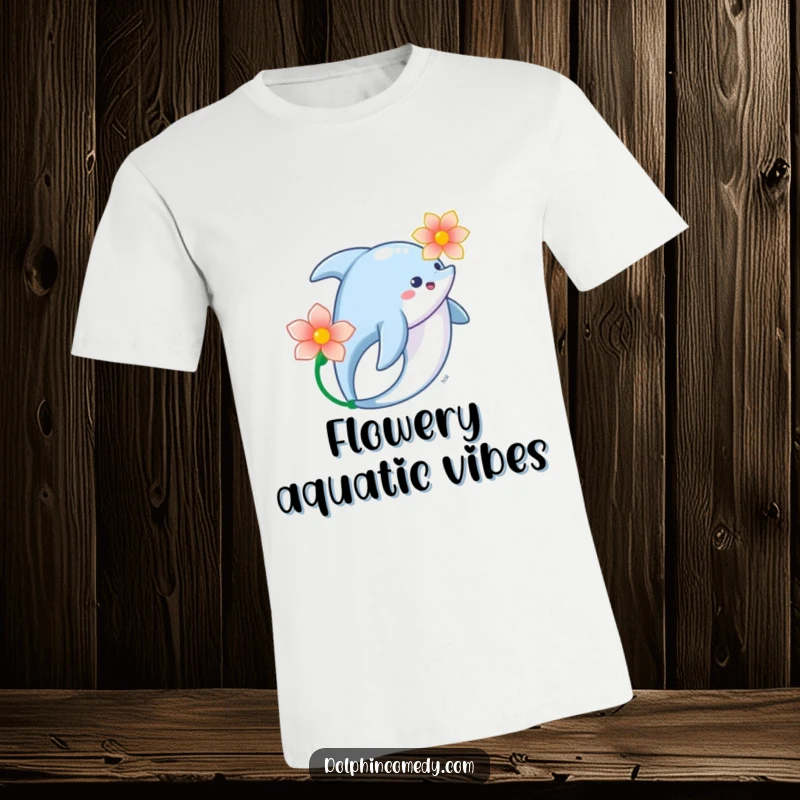 Elegant Dolphin T-Shirt featuring a dolphin swimming gracefully with a flower, a beautiful and artistic apparel choice.