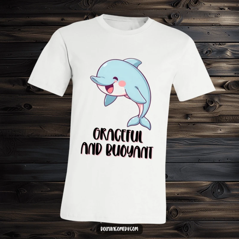Funny t-shirt displaying a cheerful dolphin swimming in a graceful arc, perfect for lovers of elegance and humor.