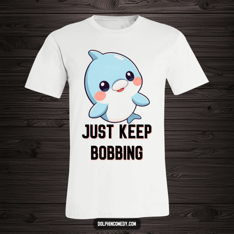 Funny curious dolphin t-shirt, head bobbing playfully, adorable ocean character, unique and humorous apparel gift.