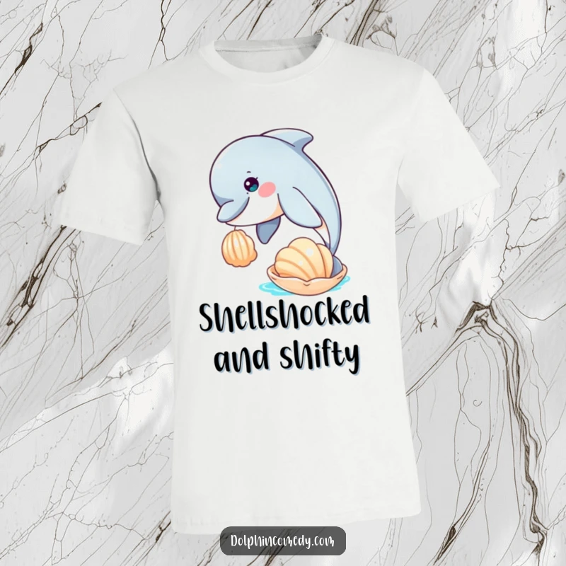 Funny graphic t-shirt featuring a dolphin with a curious gaze playfully interacting with a floating seashell in the ocean.