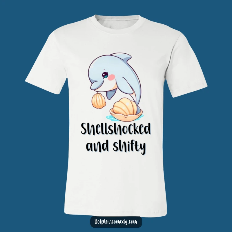Funny Curious Dolphin Seashell T-Shirt - Playful Humorous Ocean Apparel