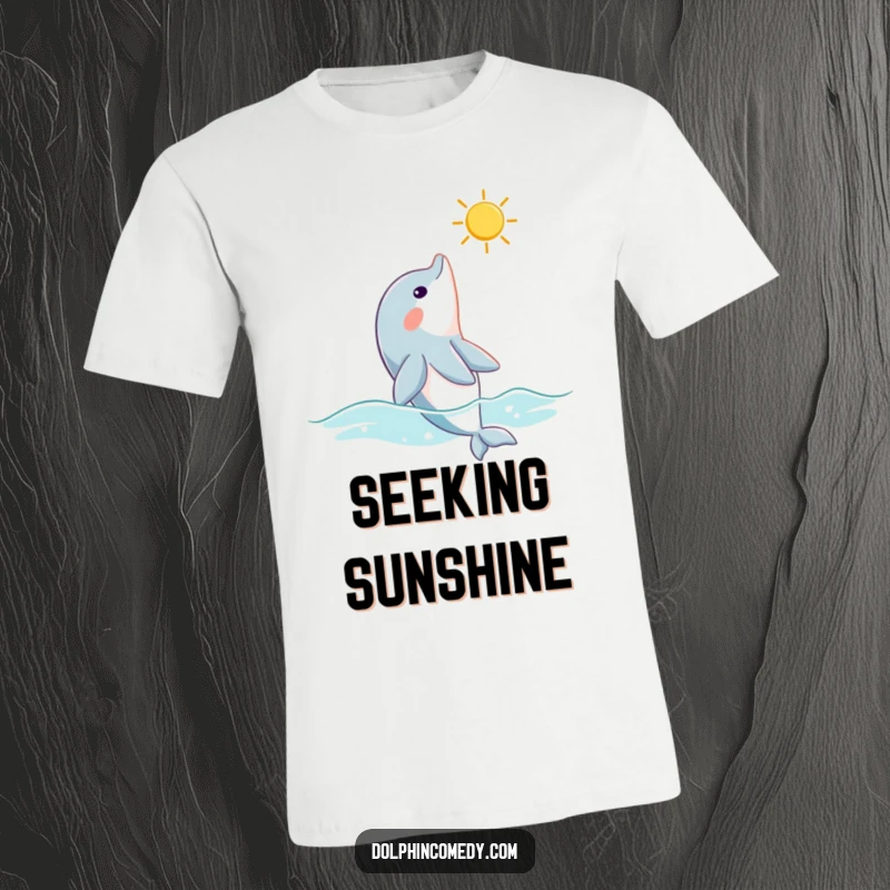 Funny dolphin t-shirt with a curious dolphin looking up at a sunbeam, representing wonder and peaceful contemplation.