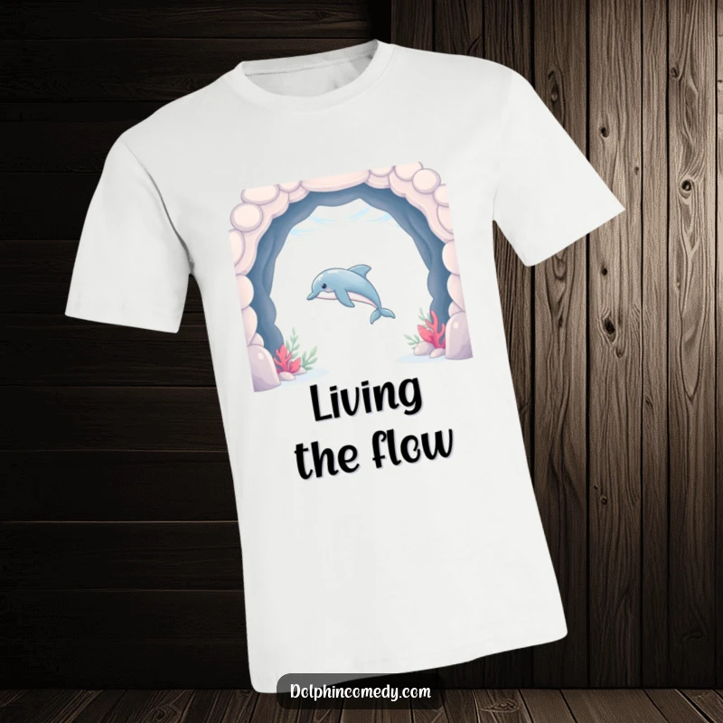 Funny Dolphin T-Shirt depicting a sleek dolphin swimming through an underwater archway, capturing marine grace and humor.