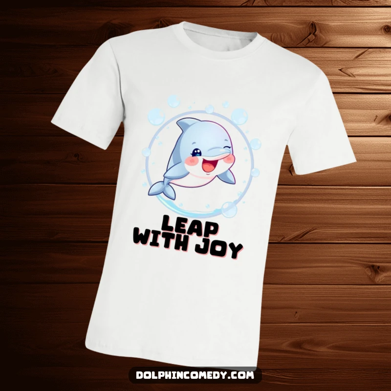 Funny dolphin with sparkling eyes mid-leap through a bubble hoop, radiating joy and humor on a t-shirt.
