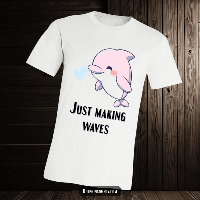 Funny graphic tee with a happy dolphin blowing a large, translucent water bubble, perfect for beach lovers.