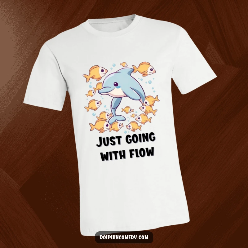 Funny t-shirt graphic of a dolphin interacting playfully with a school of small, colorful fish, showcasing camaraderie.