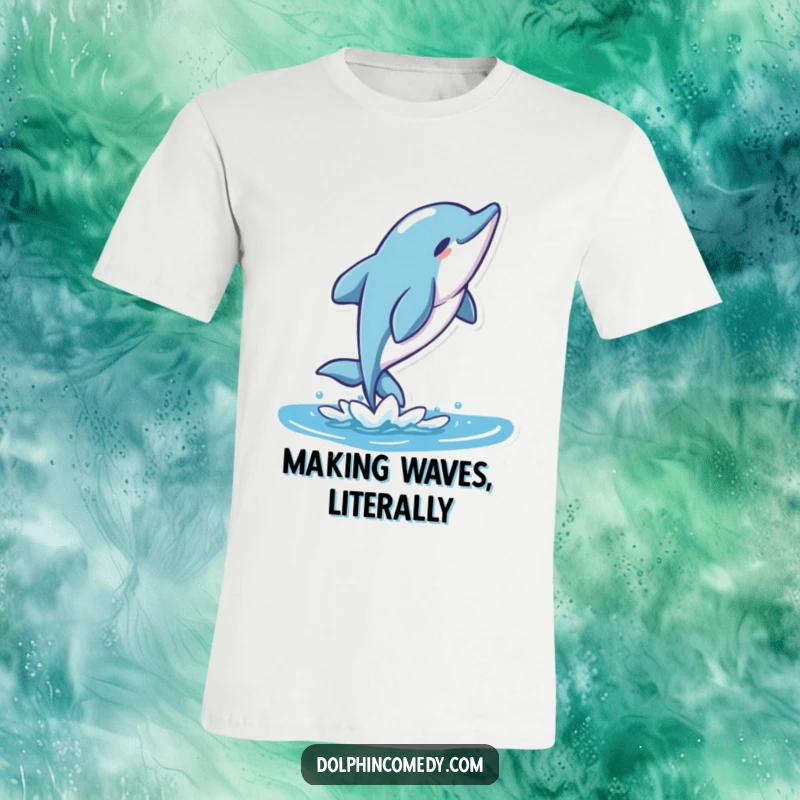Funny Stylized Dolphin T-Shirt showcasing a dynamic character performing an acrobatic flip with fluid, stylized water elements.