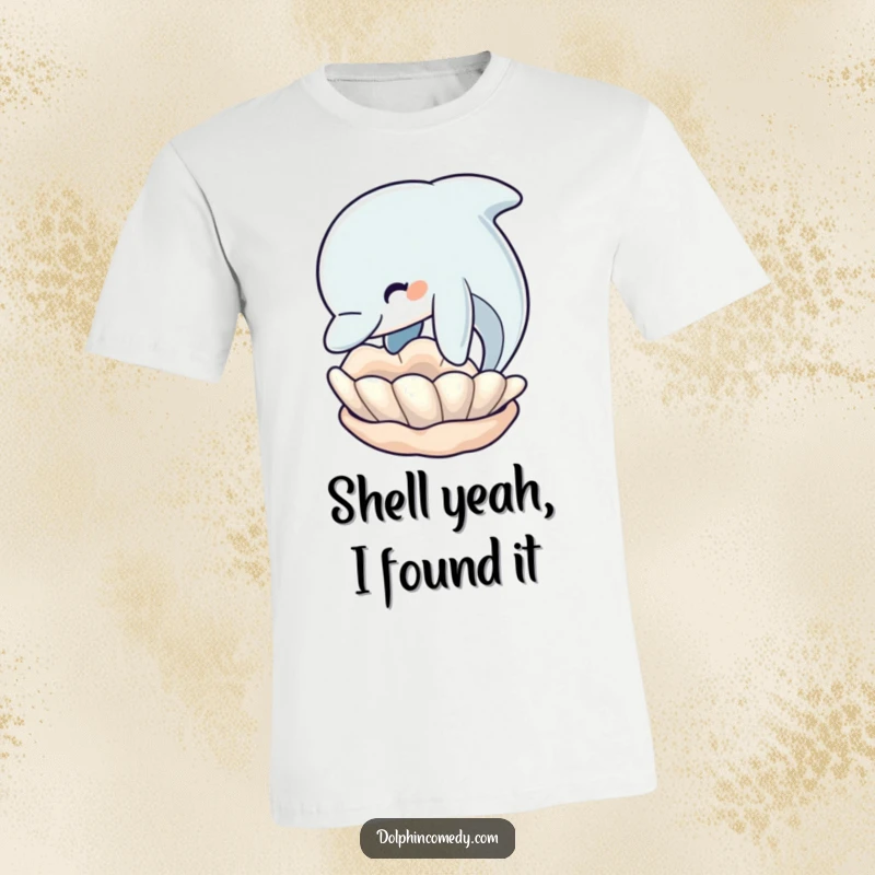 Funny Dolphin T-Shirt: Adorable dolphin with snout near seashell, capturing a moment of playful curiosity, ideal funny gift.