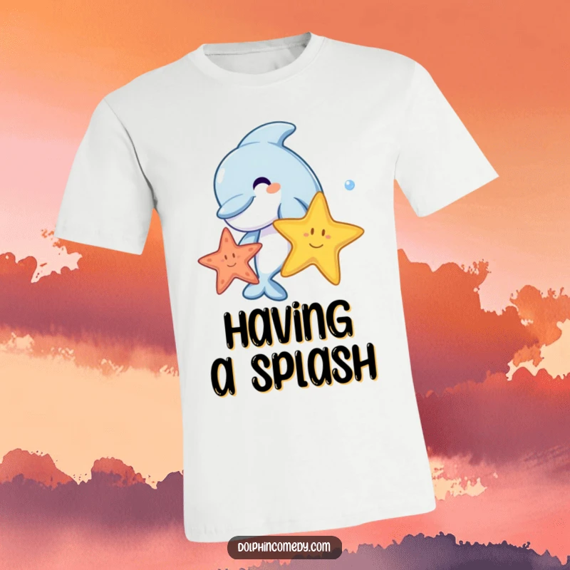 A happy cartoon dolphin playfully interacting with a vibrant starfish under the sea, on a humorous t-shirt.